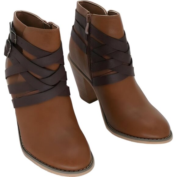 Journee Collection Tan Brown Strap Stacked Heel Booties Size 8.5W - Picture 1 of 6